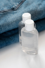 Coronavirus hand sanitizer gel to wash hands for flu virus prevention. Product for airport, hospital, healthcare and home. Prevent the spread of germs and bacteria and avoid infections coronavirus.