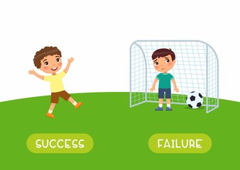 Antonyms concept, SUCCES and FAILURE. Boys playing soccer. Educational flash card with little child template. Word card for english language learning with opposites. Happy and sad boy 