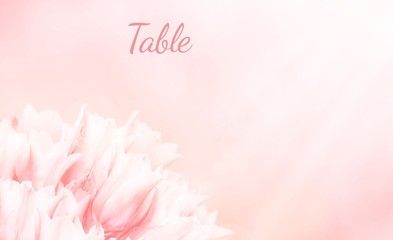 Wedding place card, pink tulips, standart size. Greeting or invite card, elegant clear design template, light blur background.