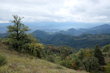Beautiful mountain autumn views on the route from the Mt. Megruki peak to Atskuri. Borjomi-Kharagauli National Park, Borjomi, Georgia. 