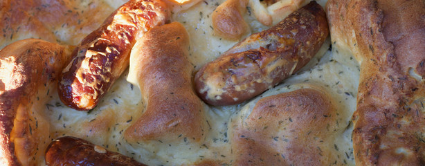A close up of traditional English dish of toad-in-the-hold