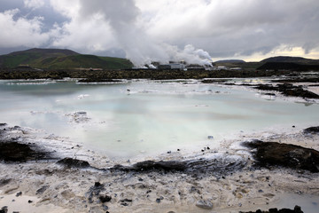 Grindavik / Iceland - August 15, 2017: The geothermal hot water and landscape around blue lagoon, Reykjavik, Iceland, Europe