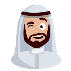 Smiling face of Arab man in white national dress. Winks Avatar for social network. Middle Eastern guy with a beard. Cartoon flat illustration