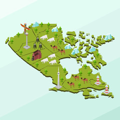 Isometric Vector Illustration Representing Map and Landmarks of Canada