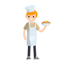 Chef in white apron and cap with plate of food. Work in cafes and restaurant. Kind of profession. The man cooked meal on dish. Cartoon flat illustration