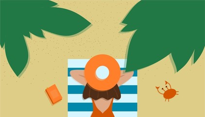 Girl with a hat on a beach towel with green leaves next to a book and a crab 