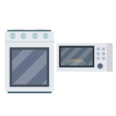 Set of kitchen items. Microwave and oven for cooking. Home appliance. Cartoon flat illustration