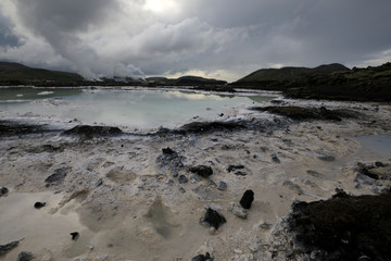 Grindavik / Iceland - August 15, 2017: The geothermal hot water and landscape around blue lagoon, Reykjavik, Iceland, Europe