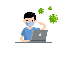 Man in medical mask at computer. Protection from coronavirus and quarantine. Work at home. Green Virus and bacteria. Hand gesture pointing to face. Freelance and education. Flat cartoon