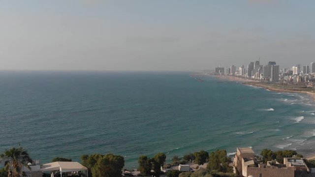 Drone Shot of Tel Aviv, Israel, Jaffa Port, sea city beach