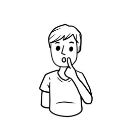 Confused man. Emotions of hesitation, suspicion and mistrust. Hand-drawn embarrassed young character. Boy in shirt. Doubts and gesture finger at hands