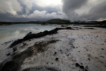 Grindavik / Iceland - August 15, 2017: The geothermal hot water and landscape around blue lagoon, Reykjavik, Iceland, Europe