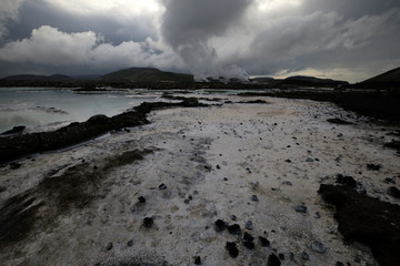 Grindavik / Iceland - August 15, 2017: The geothermal hot water and landscape around blue lagoon, Reykjavik, Iceland, Europe