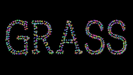 Colorful 3D writting of Grass text with small objects over a dark background and matching shadow