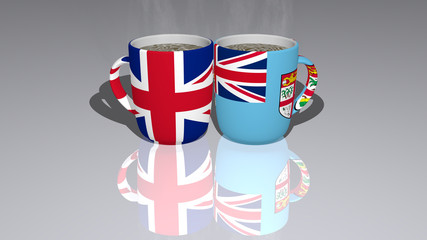 United Kingdom And Fiji placed on a cup of hot coffee in a 3D illustration mirrored on the floor with a realistic perspective