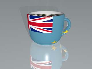 3D illustration of country flag of Tuvalu placed on a cup of hot coffee with a realistic perspective and shadows mirrored on