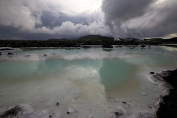 Grindavik / Iceland - August 15, 2017: The geothermal hot water and landscape around blue lagoon, Reykjavik, Iceland, Europe