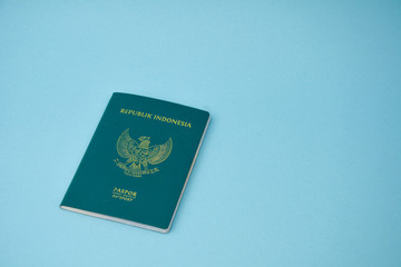 Photo of Indonesian passport concept with beautiful light blue color background