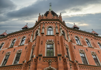 Front view brick building of Higher Seminary in Krakow, Poland