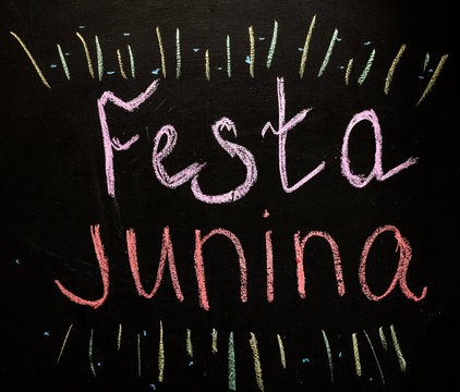 Festa Junina photo background with copy space for text. Traditional brazilian holiday. Traditional brazil celebration. Chalk drawing