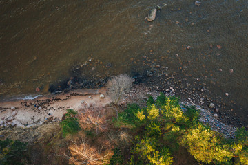 Aerial view on sea coast line, birds eye on baltic sea side