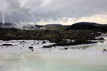 Grindavik / Iceland - August 15, 2017: The geothermal hot water and landscape around blue lagoon, Reykjavik, Iceland, Europe