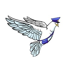 White carrier pigeon with a bag and a cap on a white Vector illustration.