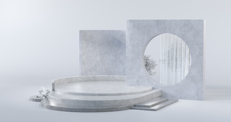 The simple design concept of the podium backdrop with concrete materials.3d rendering.
