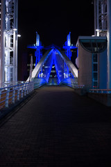 Modern bridge lit up at night