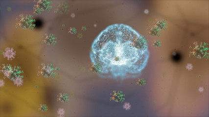 3d render of dangerous virus cells infecting human brain and neuron system.