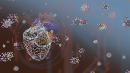 Graphics defocused background with abstract 3d render heart model among pandemic virus cells flying around.