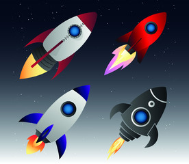 Fototapeta na wymiar Cartoon rocket space ship take off, isolated vector illustration. Simple retro spaceship icon.