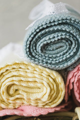 Knitted blanket, interior, knitted product, piles of knitted blankets, knitted blanket