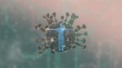3D render of human body rotating inside a virus cell over abstract defocused background.
