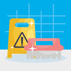 floor sign and cleaning brush icon, colorful design