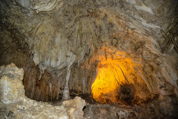 Calcite inlets, stalactites and stalagmites in large underground halls in Carlsbad Caverns National Park, New Mexico. USA