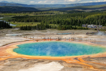 Aerial view of Grand Prismatic Spring in Midway Geyser Basin, Yellowstone National Park, Wyoming, USA