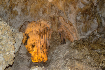 Calcite inlets, stalactites and stalagmites in large underground halls in Carlsbad Caverns National Park, New Mexico. USA