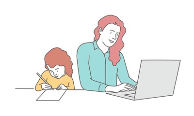 Fototapeta na wymiar Hand drawn vector illustration of mother and daughter at the table. Girl is drawing. Woman is using a laptop.