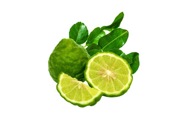 Fresh Bergamot (Kaffir lime) and separate of ​​kaffir lime With kaffir lime leaves on isolated white background
