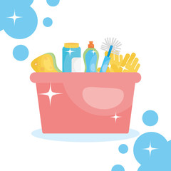 bucket with cleaning products and tools, colorful design