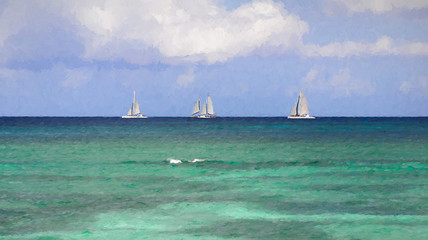 Obraz premium Oil painting a series of small yachts on azure sea water