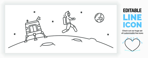 Editable line icon of space exploration with a spaceshuttle on the moon and earth in the back, part of a huge set of editable icons! © Editable line icons 