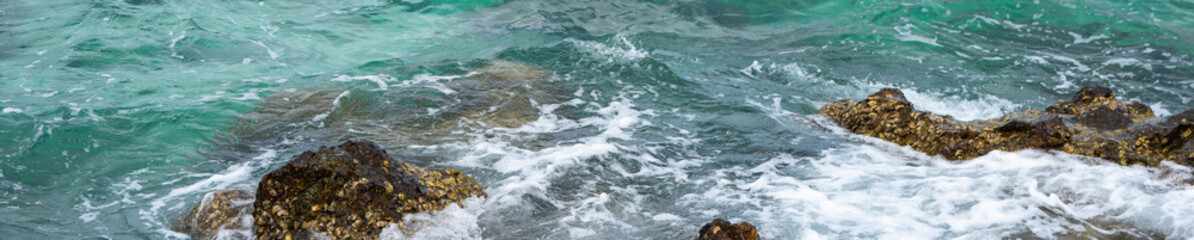 Beautiful nature view of sea beach on blurred blue with copy space using as background natural landscape, fresh cover page, world oceans day concept.