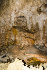 Calcite inlets, stalactites and stalagmites in large underground halls in Carlsbad Caverns National Park, New Mexico. USA