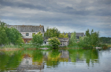 Fototapeta na wymiar Oil painting of an old house on a lake overgrown with shrubs