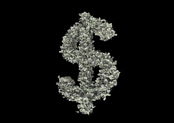 A 3D rendering image of 100 dollar bill paste in dollar sign form