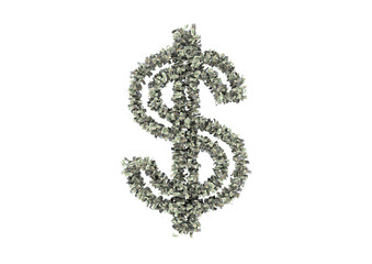 A 3D rendering image of 100 dollar bill paste in dollar sign form