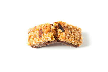 Granola bar isolated on white background Organic Almond and Raisin Close-up