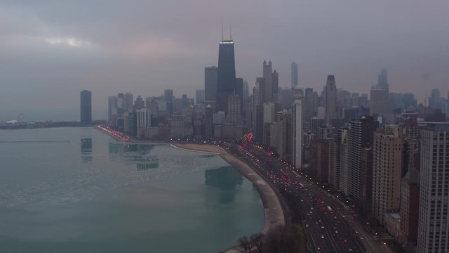 aerial drone footage on a rainy chicago day
